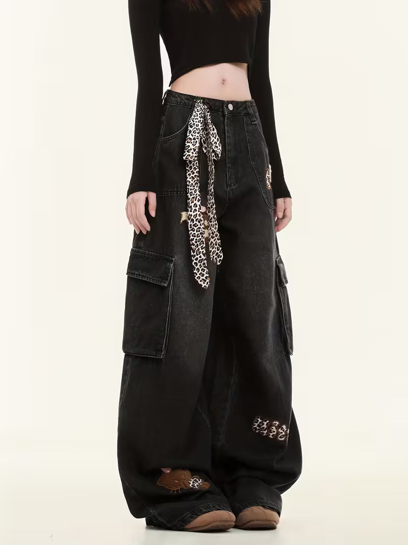 Casual Wide-Leg Jeans for Teenage Featuring a Leopard Print Belt, Perfect for Y2K Streetwear And Preppy Styles