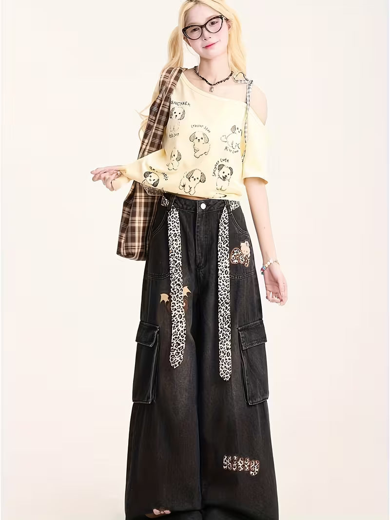 Casual Wide-Leg Jeans for Teenage Featuring a Leopard Print Belt, Perfect for Y2K Streetwear And Preppy Styles