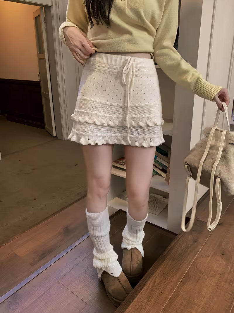 New Patchwork Ruffled Hem Drawstring Skirt for Women, High-Waisted, Flattering, Versatile A-Line Cake Mini Skirt