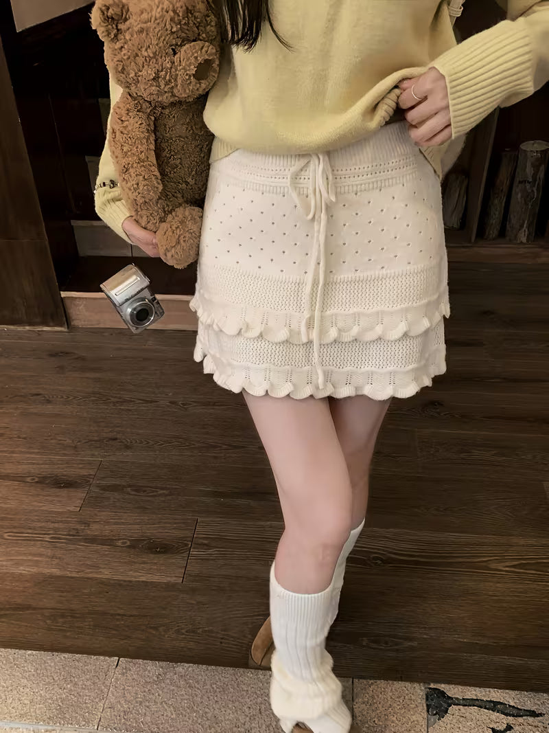 New Patchwork Ruffled Hem Drawstring Skirt for Women, High-Waisted, Flattering, Versatile A-Line Cake Mini Skirt