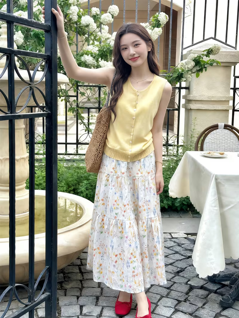 Cross-Border Floral Print High-Waist Tea Break Skirt for Women, Spring 2026 New Style