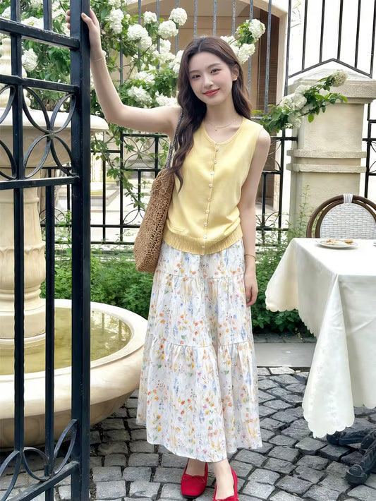 Cross-Border Floral Print High-Waist Tea Break Skirt for Women, Spring 2026 New Style