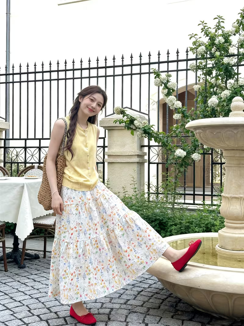 Cross-Border Floral Print High-Waist Tea Break Skirt for Women, Spring 2026 New Style