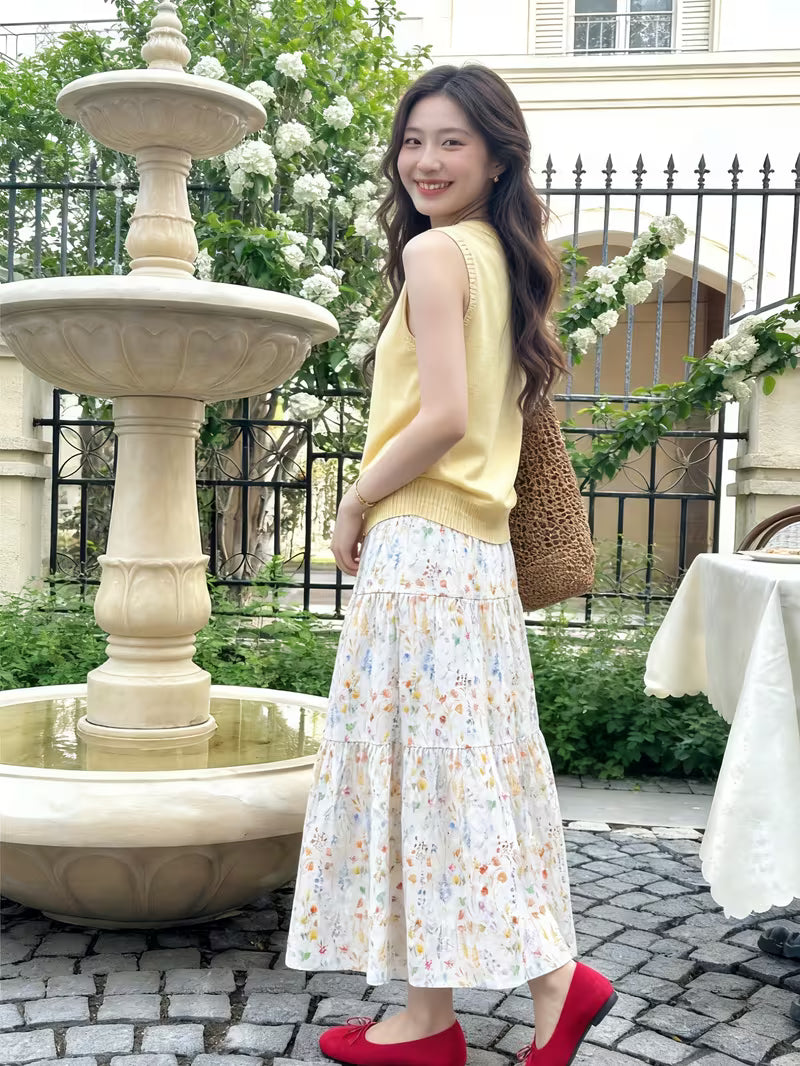 Cross-Border Floral Print High-Waist Tea Break Skirt for Women, Spring 2026 New Style