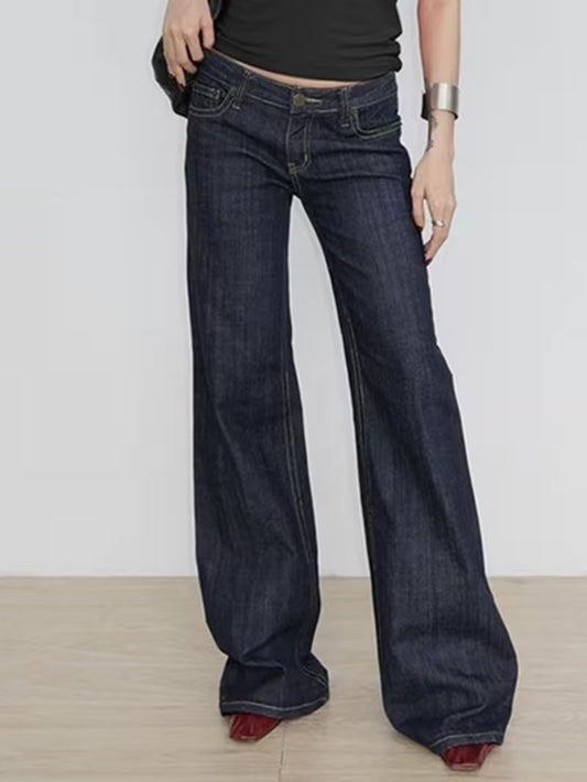 Low-Rise Wide-Leg Jeans for Women, Vintage Y2K Loose Fit Flared Denim Pants, Casual Streetwear Long Baggy Trousers Bootcut Jeans