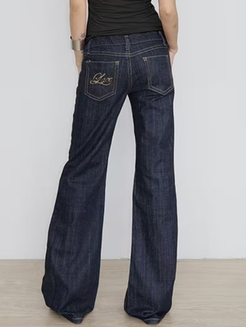 Low-Rise Wide-Leg Jeans for Women, Vintage Y2K Loose Fit Flared Denim Pants, Casual Streetwear Long Baggy Trousers Bootcut Jeans