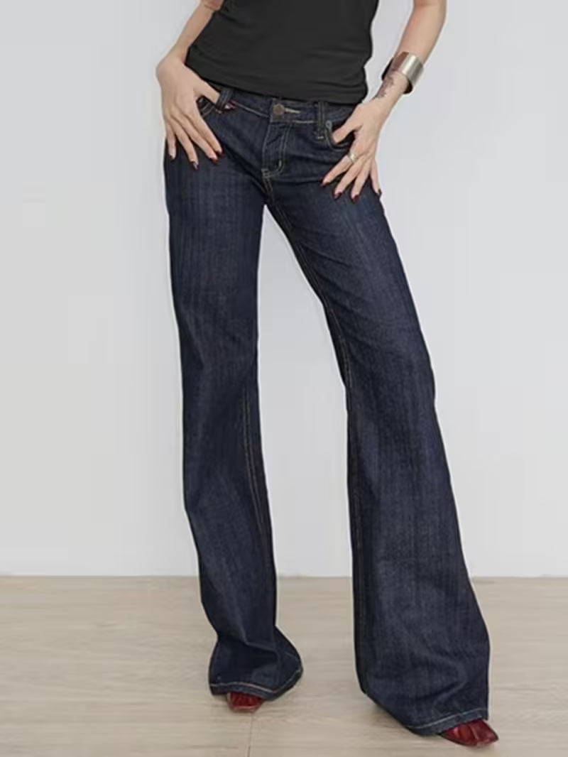 Low-Rise Wide-Leg Jeans for Women, Vintage Y2K Loose Fit Flared Denim Pants, Casual Streetwear Long Baggy Trousers Bootcut Jeans