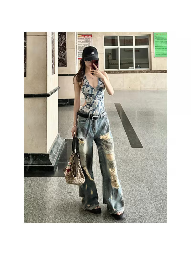 Vintage High-Street Distressed Dyed Denim Jeans for Tall Women, Summer Retro Style