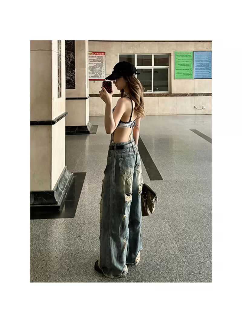 Vintage High-Street Distressed Dyed Denim Jeans for Tall Women, Summer Retro Style