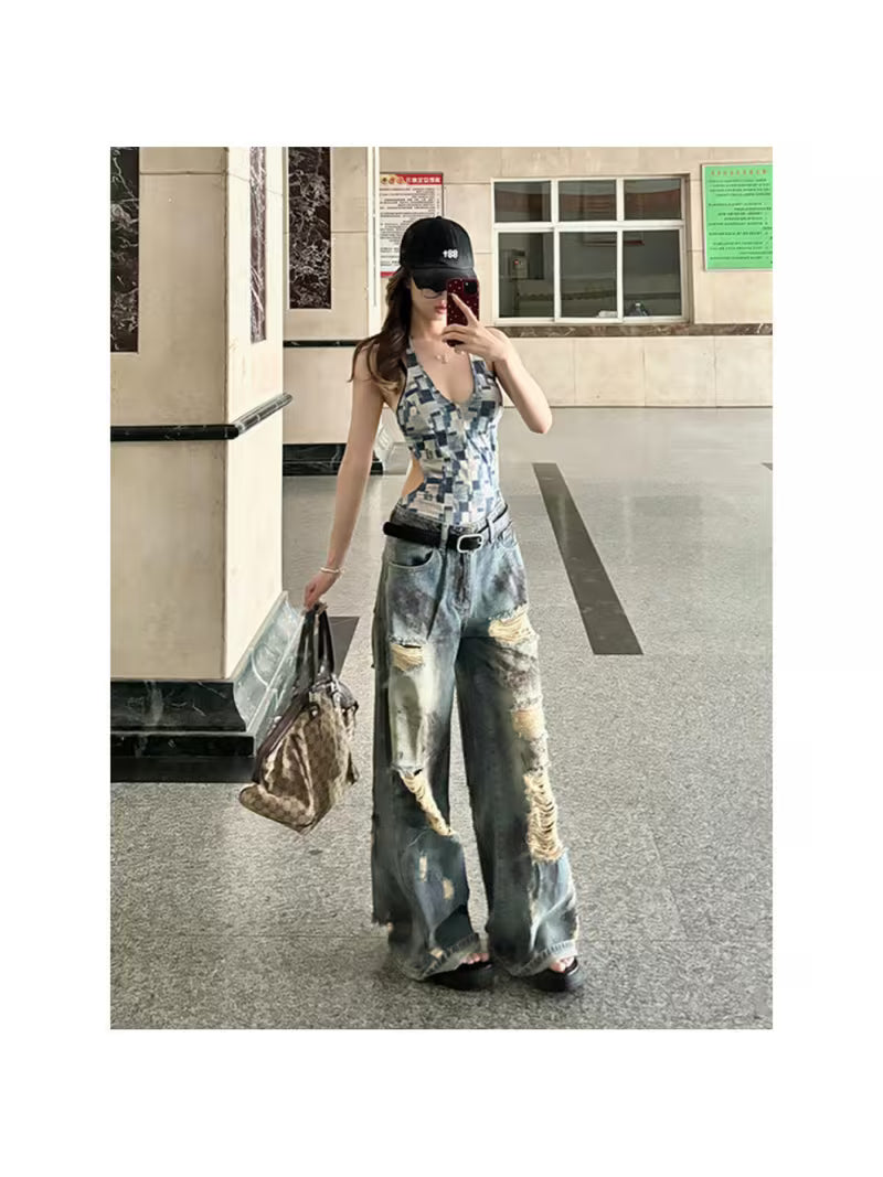 Vintage High-Street Distressed Dyed Denim Jeans for Tall Women, Summer Retro Style