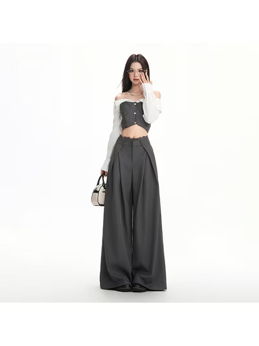 High-End Grey Lace Drapey Casual Pants for Women, Autumn Floor-Length Wide-Leg Straight Trousers