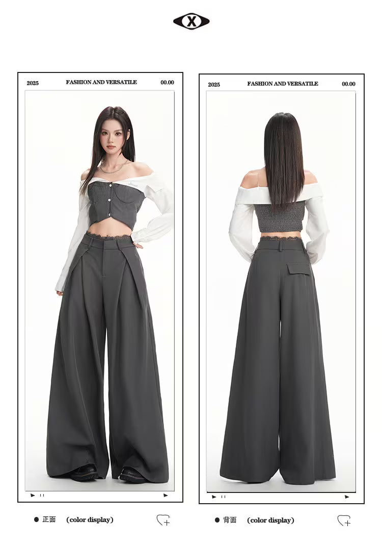 High-End Grey Lace Drapey Casual Pants for Women, Autumn Floor-Length Wide-Leg Straight Trousers