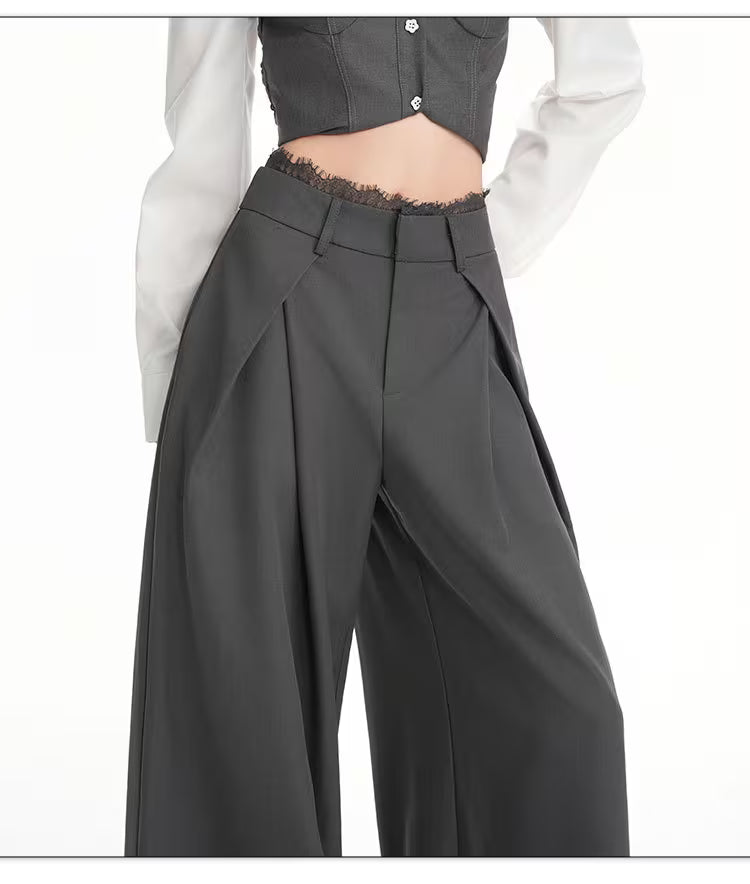 High-End Grey Lace Drapey Casual Pants for Women, Autumn Floor-Length Wide-Leg Straight Trousers