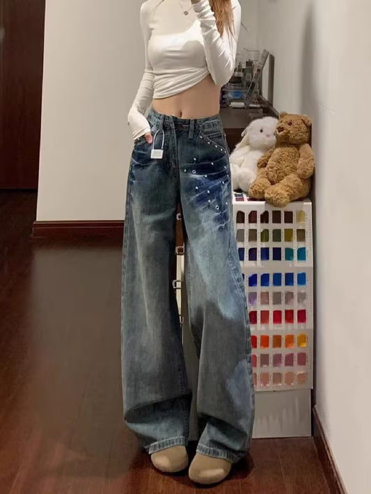 Retro Wash Technique Rivet Wide-Leg Jeans for Women. New Autumn-Winter Style. High-Waisted, Loose-Fitting, Form-Fitting Straight-Leg Pants