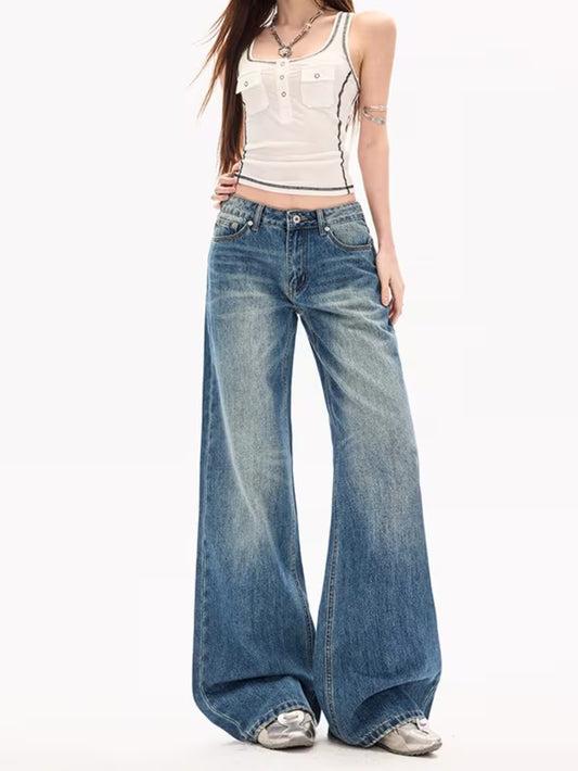 Women'S Low Waist Wide Leg Jeans, Vintage Washed Denim Pants with Baggy Fit Vintage Wash Denim Wide Leg Jeans, Low Waist Baggy Trousers Low Waist Baggy Jeans, Vintage Washed with Wide Leg And Long Length