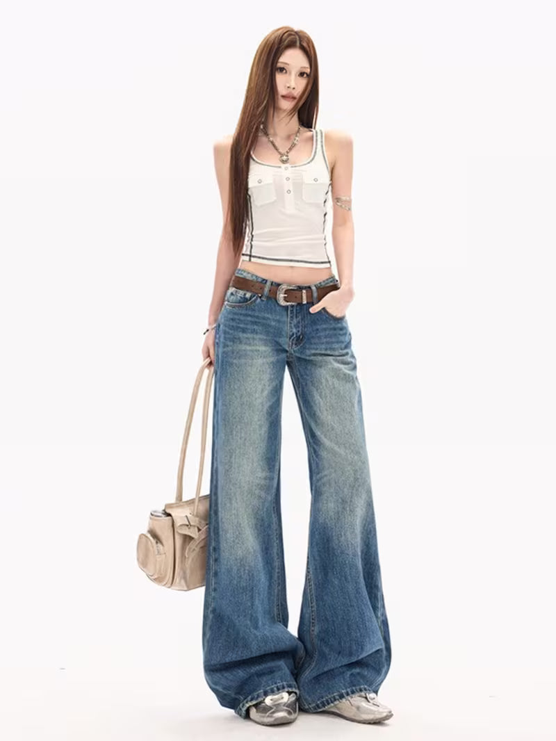 Women'S Low Waist Wide Leg Jeans, Vintage Washed Denim Pants with Baggy Fit Vintage Wash Denim Wide Leg Jeans, Low Waist Baggy Trousers Low Waist Baggy Jeans, Vintage Washed with Wide Leg And Long Length