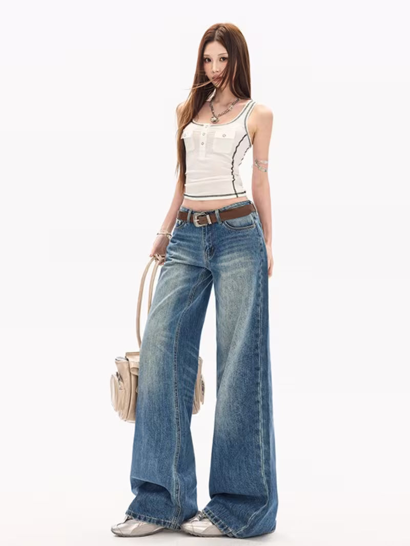 Women'S Low Waist Wide Leg Jeans, Vintage Washed Denim Pants with Baggy Fit Vintage Wash Denim Wide Leg Jeans, Low Waist Baggy Trousers Low Waist Baggy Jeans, Vintage Washed with Wide Leg And Long Length