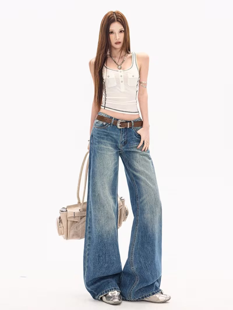 Women'S Low Waist Wide Leg Jeans, Vintage Washed Denim Pants with Baggy Fit Vintage Wash Denim Wide Leg Jeans, Low Waist Baggy Trousers Low Waist Baggy Jeans, Vintage Washed with Wide Leg And Long Length