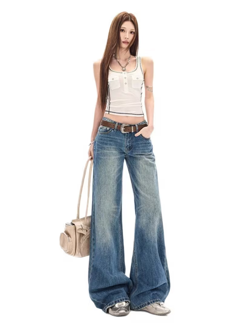 Women'S Low Waist Wide Leg Jeans, Vintage Washed Denim Pants with Baggy Fit Vintage Wash Denim Wide Leg Jeans, Low Waist Baggy Trousers Low Waist Baggy Jeans, Vintage Washed with Wide Leg And Long Length