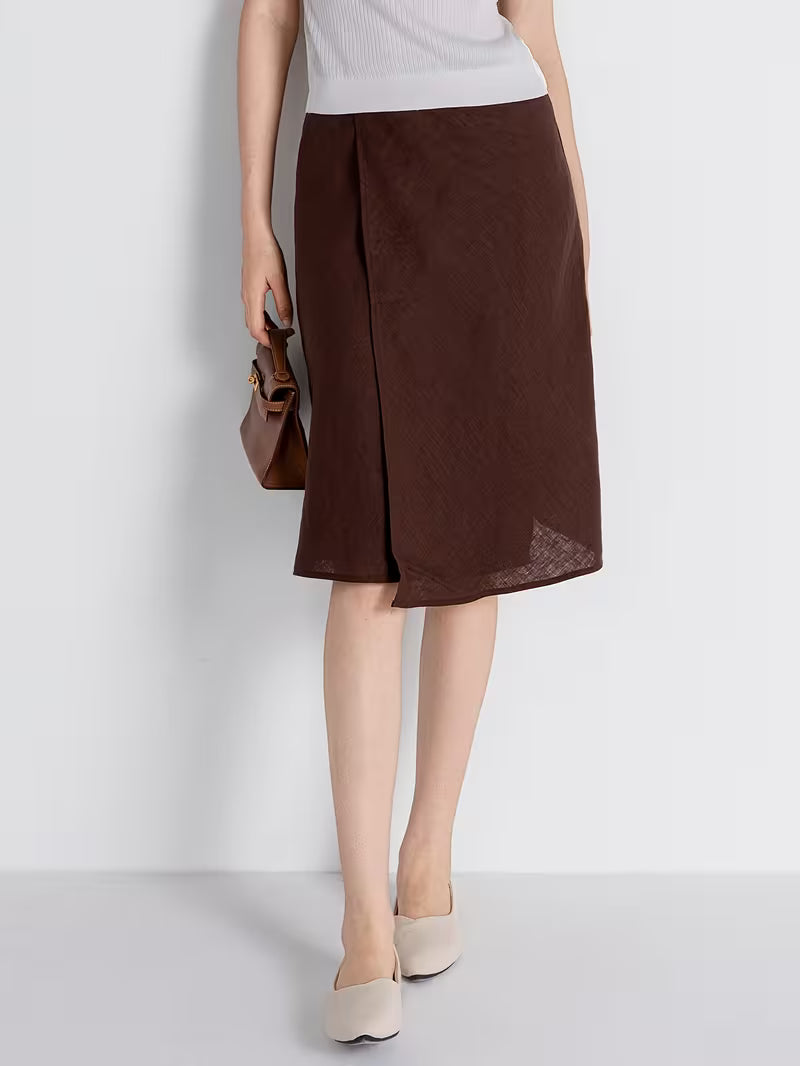 Luxury Pure Linen LP Skirt Women'S Asymmetric Wrap Front Side Slit Lining Elegant Midi Skirts
