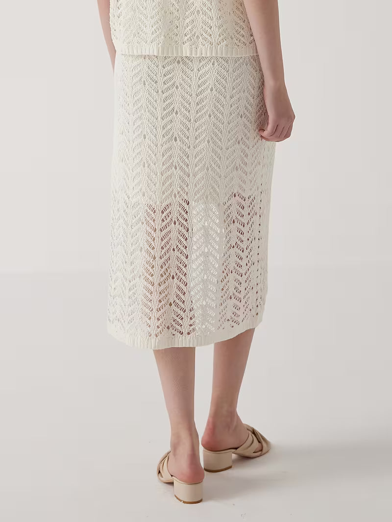 Luxury Women's Clothing Summer Minimalist 100% Linen Skirt Wrap Silhouette with Asymmetric Hem Airy Open Weave Delicate Leaf Motif Quiet