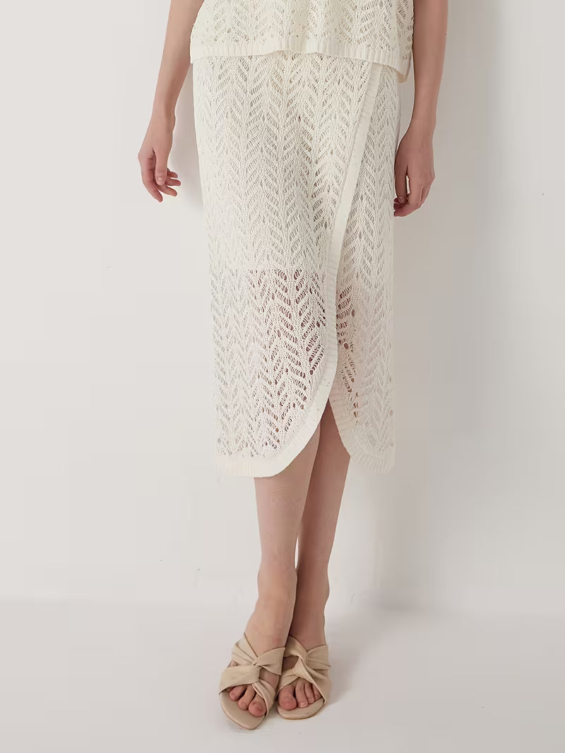 Luxury Women's Clothing Summer Minimalist 100% Linen Skirt Wrap Silhouette with Asymmetric Hem Airy Open Weave Delicate Leaf Motif Quiet
