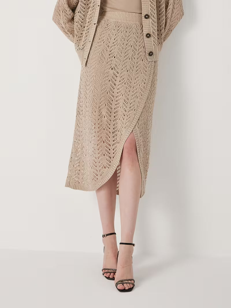 Luxury Women's Clothing Summer Minimalist 100% Linen Skirt Wrap Silhouette with Asymmetric Hem Airy Open Weave Delicate Leaf Motif Quiet