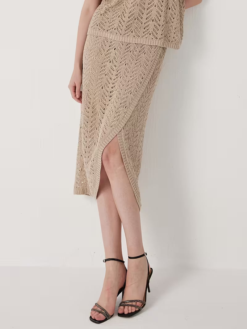 Luxury Women's Clothing Summer Minimalist 100% Linen Skirt Wrap Silhouette with Asymmetric Hem Airy Open Weave Delicate Leaf Motif Quiet
