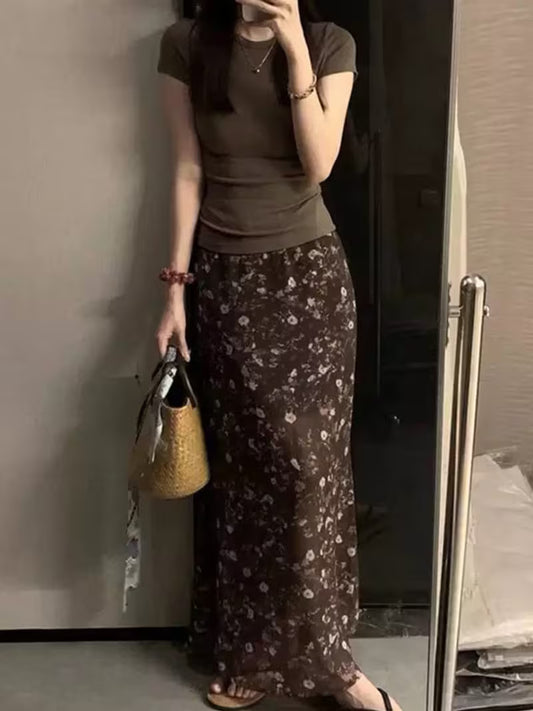 Floral Chiffon Long Skirt for Women Soft Elegant Versatile High Waisted Midi Maxi Skirt
