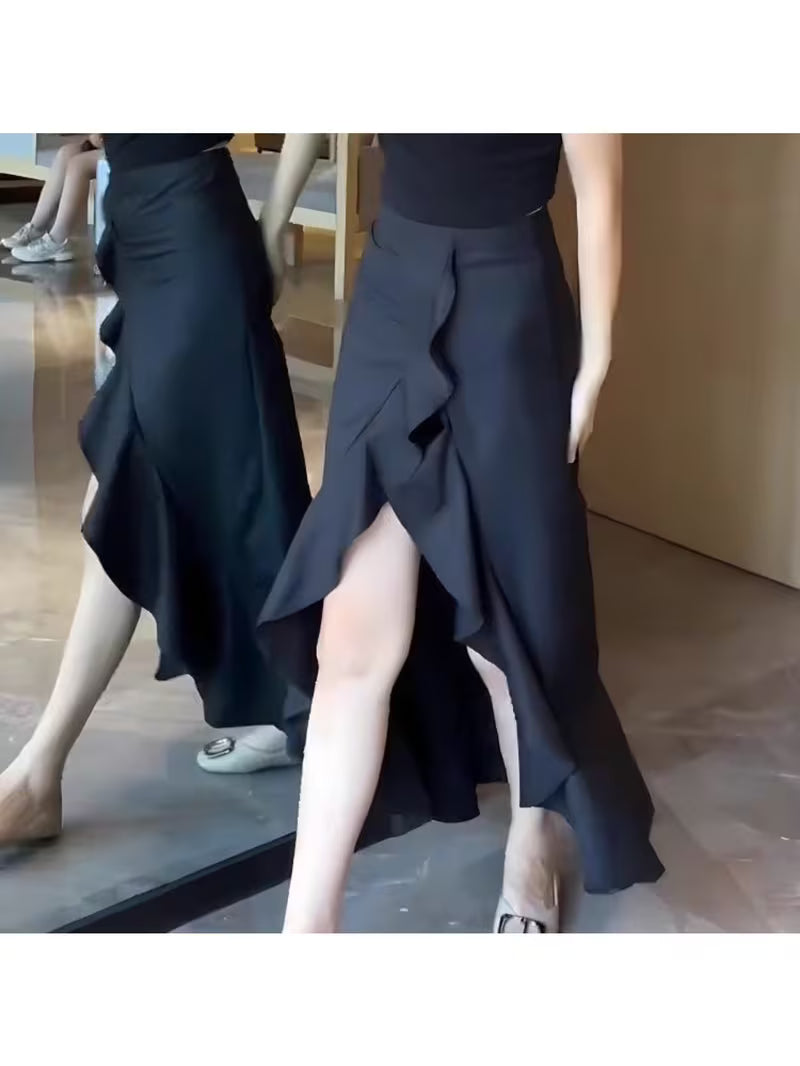 Sense of Designasymmetrical Slit High Waist Skirt Women's Summerslimming Lookeasiest for Matchelegant Long Skirt
