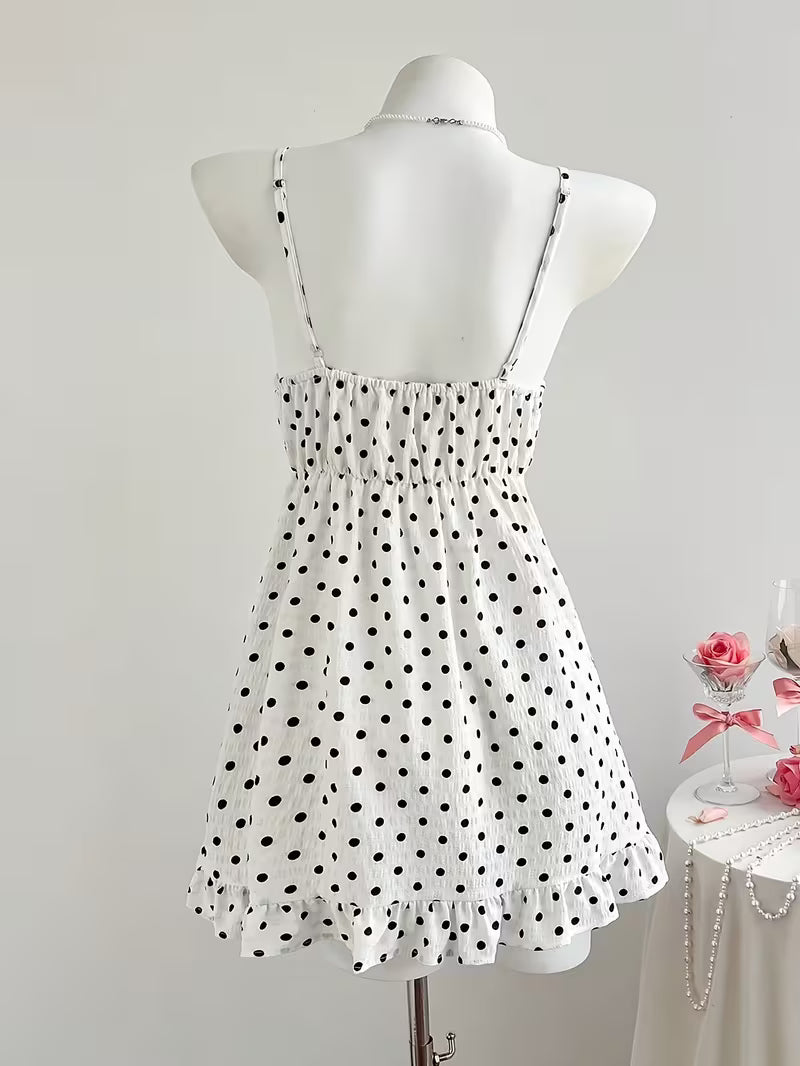 New Women's Fashionable Simple and Elegant Daily Polka Dot Print Ruffle Hem Tie Bow Camisole Dress, Vacation, Beach, Date Dress for Women