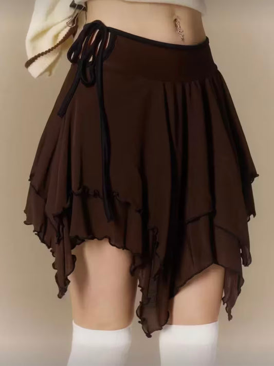 Spring And Summer Women'S Fashion Trendy Brown Lettuce Edge Asymmetrical Short Skirt