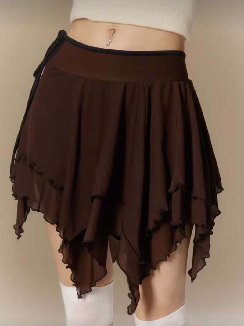 Spring And Summer Women'S Fashion Trendy Brown Lettuce Edge Asymmetrical Short Skirt