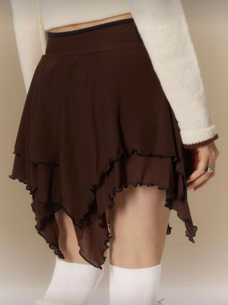 Spring And Summer Women'S Fashion Trendy Brown Lettuce Edge Asymmetrical Short Skirt