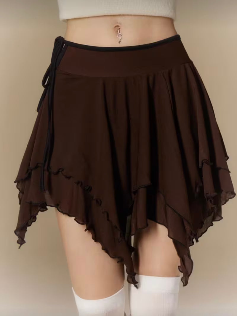 Spring And Summer Women'S Fashion Trendy Brown Lettuce Edge Asymmetrical Short Skirt