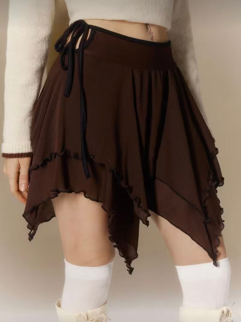 Spring And Summer Women'S Fashion Trendy Brown Lettuce Edge Asymmetrical Short Skirt