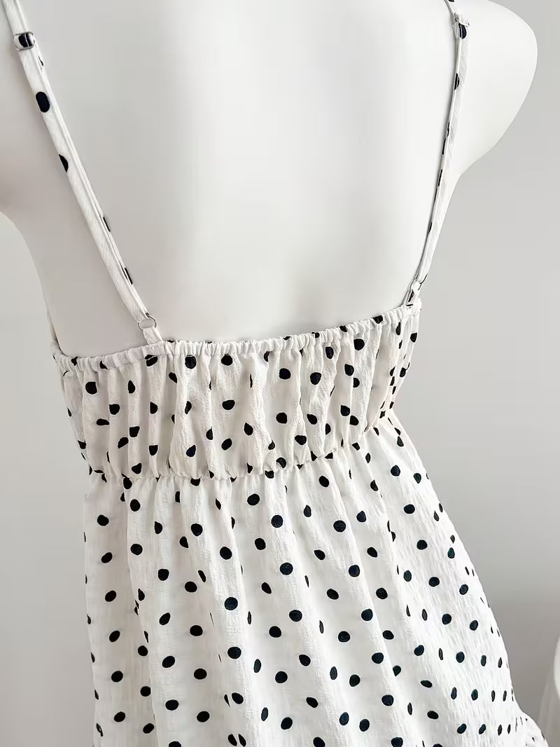New Women's Fashionable Simple and Elegant Daily Polka Dot Print Ruffle Hem Tie Bow Camisole Dress, Vacation, Beach, Date Dress for Women