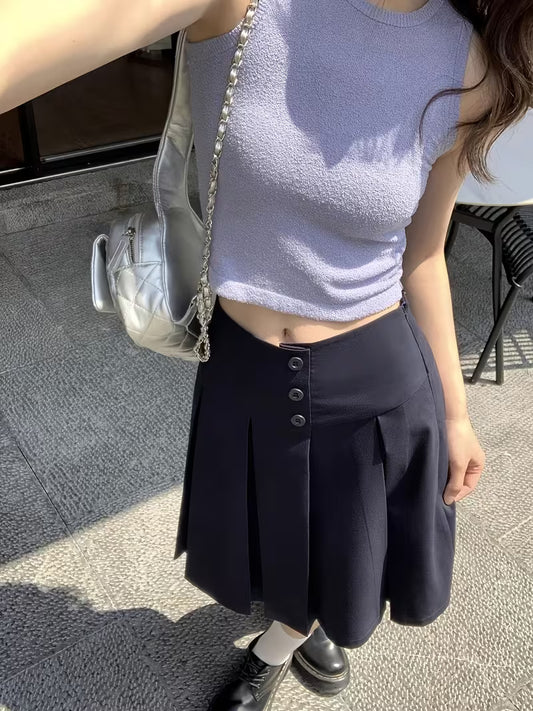 Spring Summer Japanese Style Pleated Navy Half Skirt Easy Preppy Style Pleated Skirt Petite Mid-Length Skirt Bermuda Skirt A-Line Short Skirt