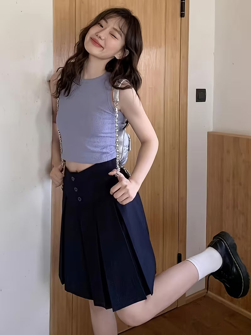 Spring Summer Japanese Style Pleated Navy Half Skirt Easy Preppy Style Pleated Skirt Petite Mid-Length Skirt Bermuda Skirt A-Line Short Skirt