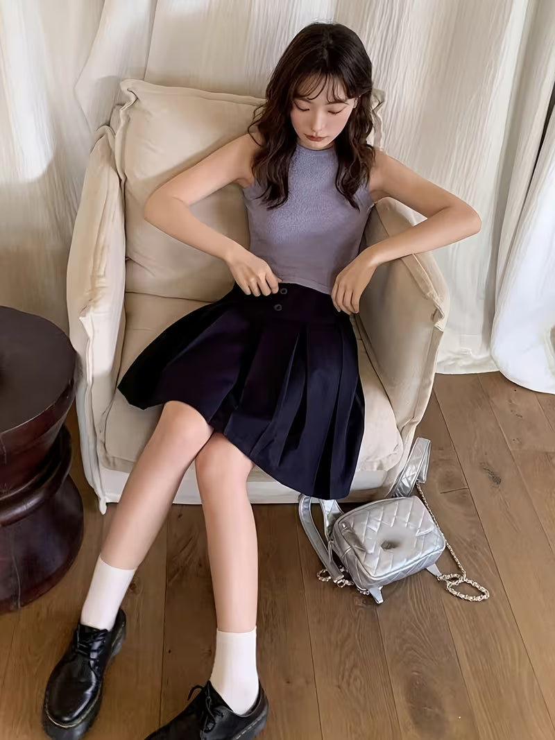 Spring Summer Japanese Style Pleated Navy Half Skirt Easy Preppy Style Pleated Skirt Petite Mid-Length Skirt Bermuda Skirt A-Line Short Skirt