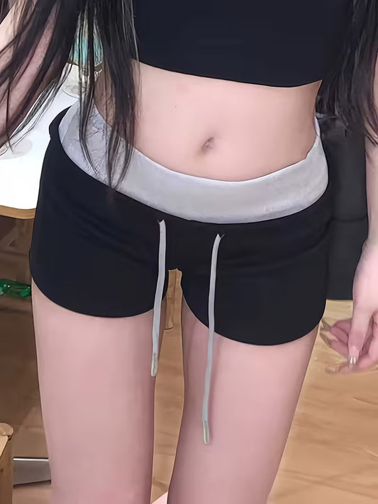 [Spicy Style Shorts] Sweet and Edgy Spicy Style Color-blocked Drawstring Waist Shorts - Form-fitting Hip-hugging Hot Pants Leggings for Home