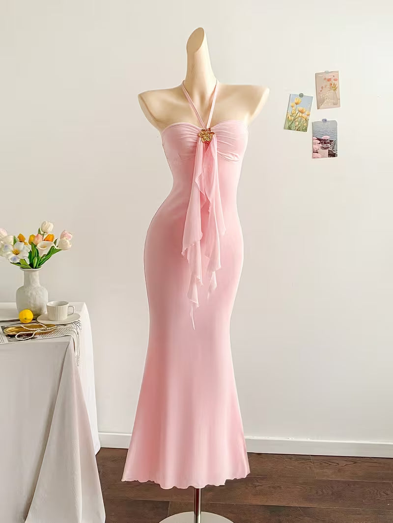Halter Tie Decor Pink Bodycon Mermaid Maxi Dress for Women | Sweet Socialite Gala Gown, Perfect for Birthday Parties, Wedding Guests, and High-End Cocktails