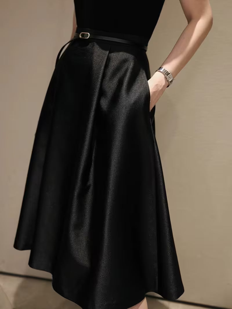 Women'S Cream Satin A-Line Midi Skirt, High-Waist Glossy Flowy Swing Long Skirt, Elegant Office Mid-Length Skirt