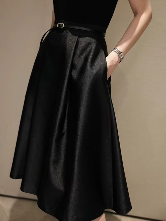 Women'S Cream Satin A-Line Midi Skirt, High-Waist Glossy Flowy Swing Long Skirt, Elegant Office Mid-Length Skirt