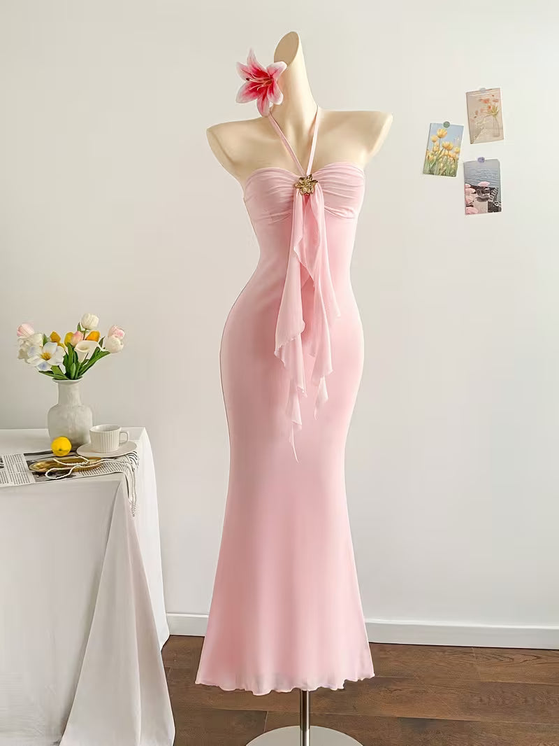 Halter Tie Decor Pink Bodycon Mermaid Maxi Dress for Women | Sweet Socialite Gala Gown, Perfect for Birthday Parties, Wedding Guests, and High-End Cocktails