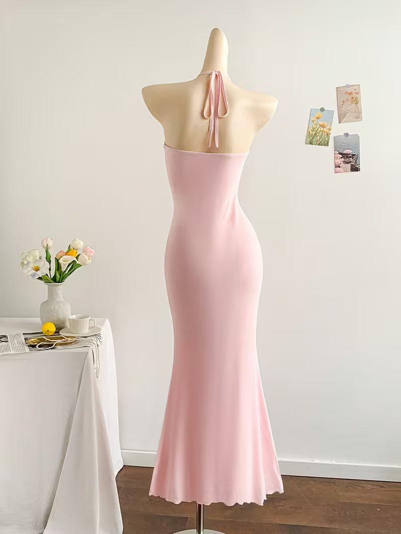 Halter Tie Decor Pink Bodycon Mermaid Maxi Dress for Women | Sweet Socialite Gala Gown, Perfect for Birthday Parties, Wedding Guests, and High-End Cocktails