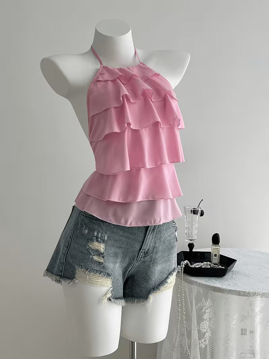 Sweet-style Cake Layer Halter Neck Strappy Top, Pure Desire Style Gentle Sleeveless Top
