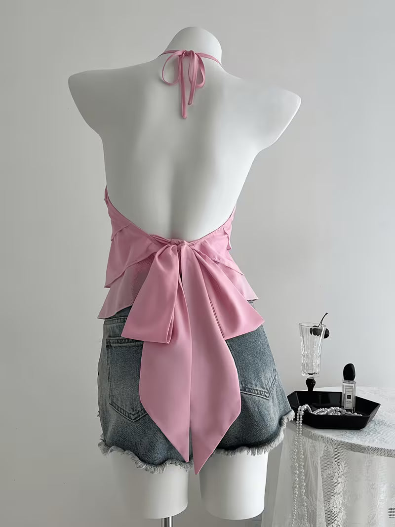 Sweet-style Cake Layer Halter Neck Strappy Top, Pure Desire Style Gentle Sleeveless Top