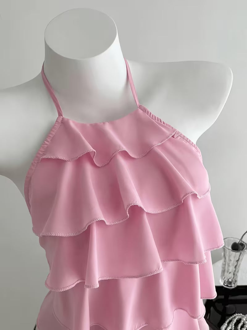 Sweet-style Cake Layer Halter Neck Strappy Top, Pure Desire Style Gentle Sleeveless Top