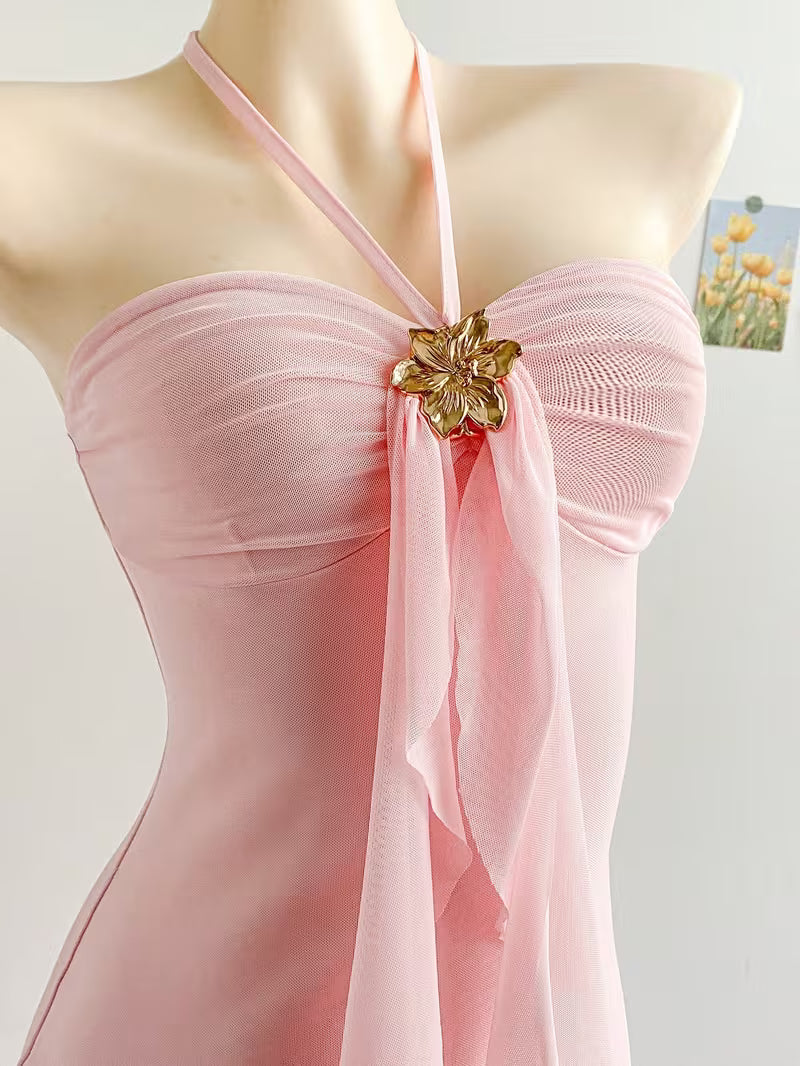 Halter Tie Decor Pink Bodycon Mermaid Maxi Dress for Women | Sweet Socialite Gala Gown, Perfect for Birthday Parties, Wedding Guests, and High-End Cocktails